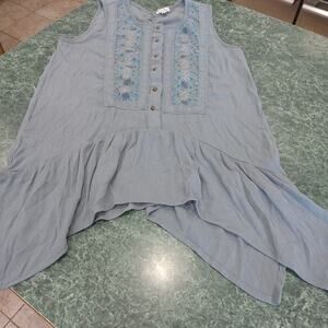 Women's Embroidered Gauzy Sleeveless Top Size M Aqua Blue Flowy Crochet Boho